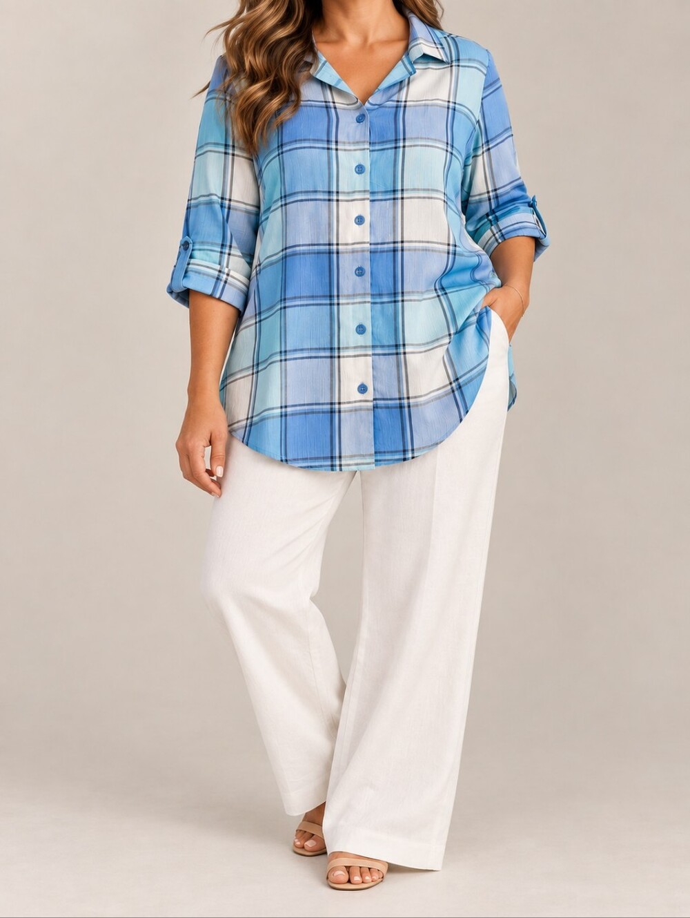 Alia Blue Aqua Plaid Cotton Blend Tunic Shirt Roll Tab Sleeve Crinkle Button Up